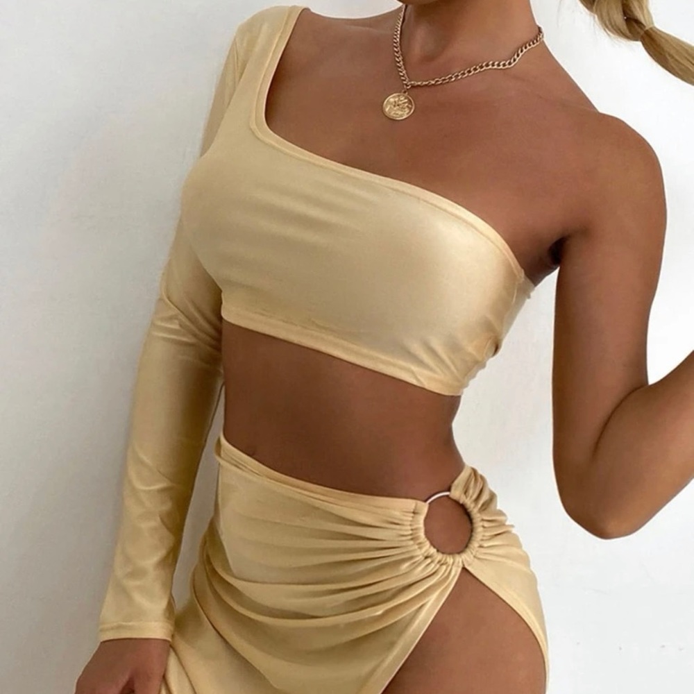 Gold One Shoulder Top and O-Ring Asymmetric Skirt